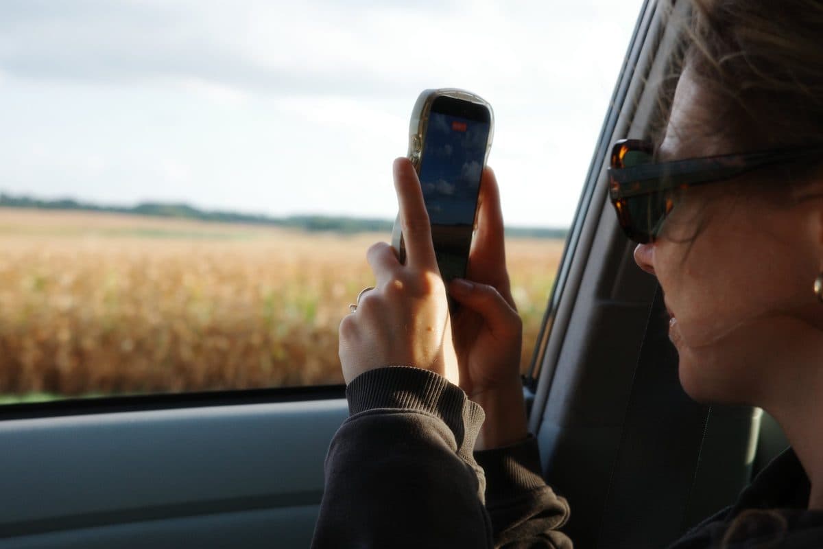 A woman photographs a cornfield with her phone through the car window