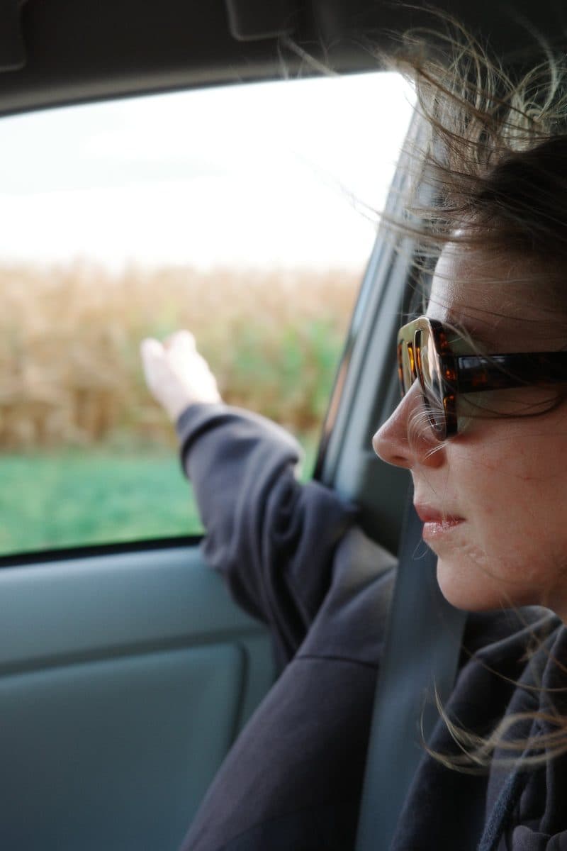 A woman’s hand out the car window over a cornfield